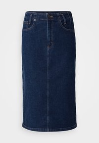 Tumši zila denim midi svārku svārki ar taisnu griezumu, priekšējām kabatām un kontrastējošām oranžām šuvēm. Gluda tekstūra ar minimālu detalizāciju.