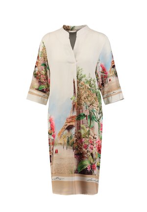 Beiges knielanges Kleid mit Dreiviertelärmeln, mit einem farbenfrohen Druck einer Pariser Straße und des Eiffelturms mit Blumen und Bäumen.