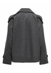 Manteau en mélange de laine gris avec un col structuré, des épaulettes et des poignets boutonnés. Présente une coupe décontractée et une texture douce.