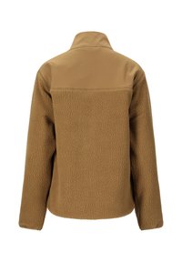 Ruskea fleece-takki, jossa on teksturoitu vartalo ja sileä kangaspaneeli yläselässä ja hartioilla, pitkät hihat ja pystykaulus.
