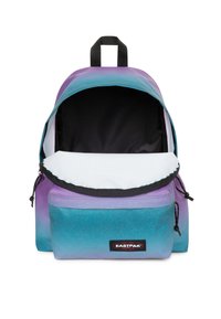 Zaino con colori sfumati dal viola al teal. Realizzato in tessuto liscio e resistente. Presenta doppi spallacci neri e un'apertura con zip.