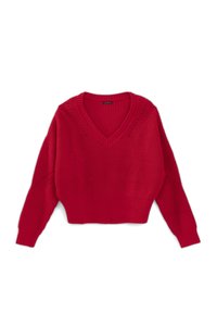 Czerwony sweter z dekoltem w serek, wykonany z dzianiny, z długimi rękawami, ściągaczami na rękawach i na dolnej krawędzi, z delikatnymi wzorami warkoczowymi na przedzie i rękawach.
