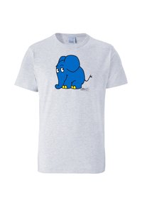Gray cotton T-shirt featuring a blue cartoon elephant design with black outlines, yellow feet, and a simple facial expression.