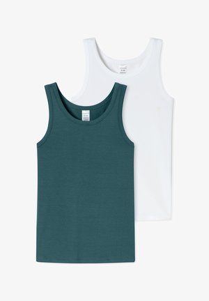Two sleeveless cotton tank tops in solid colors, one dark teal in front and one white behind, laid flat on a white background.