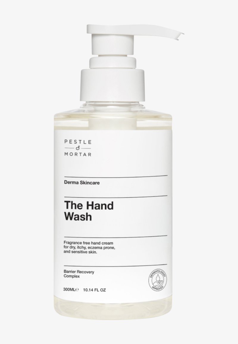Flacon-pompe en plastique transparent étiqueté "Pestle & Mortar The Hand Wash", sans parfum, pour peau sèche, sujette à l'eczéma et sensible, 300 ml.