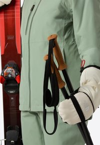 Skidutrustning som inkluderar en ljusgrön jacka och byxor, bruna korkhandtag på stavarna, svarta skidstavar och vita vantar med en logotyp. Röda skidor ingår.