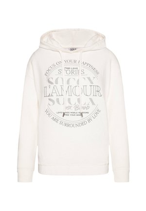 White hooded sweatshirt with drawstrings, featuring black inspirational text centered on the front, including "L'Amour" and "You are surrounded by love."