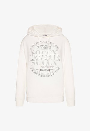 White hooded sweatshirt with drawstrings, featuring black inspirational text centered on the front, including "L'Amour" and "You are surrounded by love."