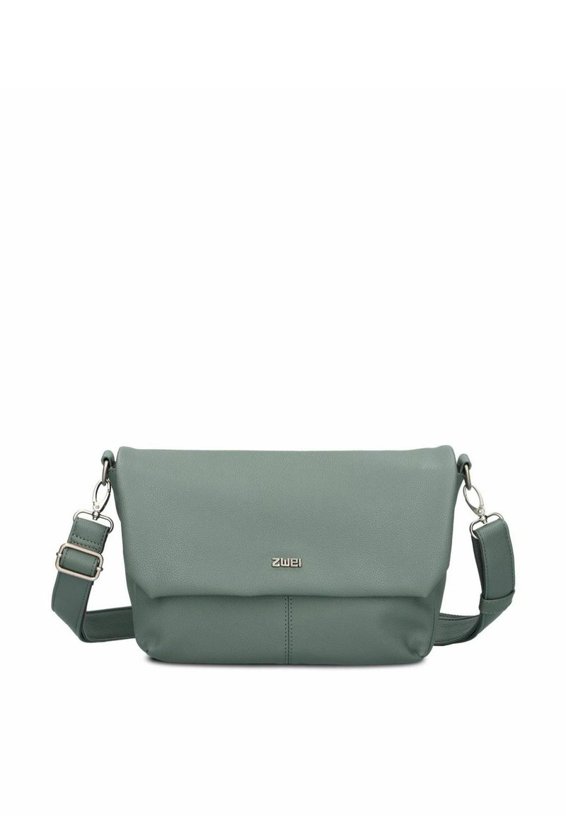 Grüne Leder-Crossbody-Tasche mit flachem Design, umklappbarem Deckel, verstellbarem Tragegurt und einem dezenten Logo-Element. Glatte Textur, minimalistischer Stil.
