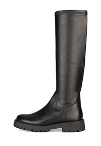 Botas de cuero negras hasta la rodilla con un acabado suave, suela de goma resistente y detalles de costura mínimos, diseñadas para un uso práctico.