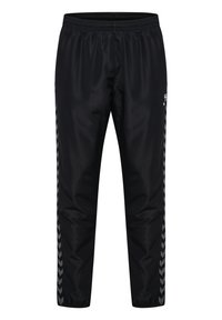 Schwarze Sporthose aus glattem, leichtem Material. Mit einem elastischen Bund und seitlichen Streifen mit einem Chevron-Muster in Grau.