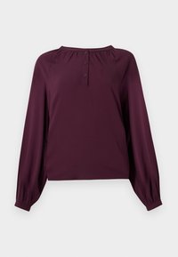 Long-sleeve plum blouse with gathered neckline, three-button placket, and cuffed sleeves against a white background.