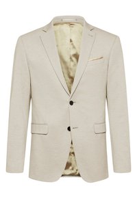 Beige men's blazer with two black buttons, notch lapel, flap pockets, chest pocket with light-colored pocket square, and satin interior lining.
