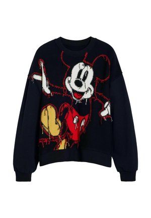 Dark blue knit sweatshirt featuring a graphic of a cartoon character in red, yellow, and white. It has long sleeves and ribbed cuffs.