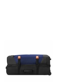 Borsa a duffel nera e blu con elementi arancioni, dotata di una cerniera superiore e maniglie laterali per un trasporto facilitato. Design in tessuto resistente.