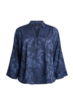 Tmavomodrá blúzka s dlhým rukávom s jemným kvetinovým žakárovým vzorom, výstrih do V so zaväzovacím šnúrkou a širokým golierom.