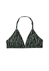 Juodai žalias raštuotas bikini viršus su trikampio forma, reguliuojamomis petnešėlėmis ir V formos iškirpte. Medžiaga atrodo lygi su nedideliu blizgesiu.
