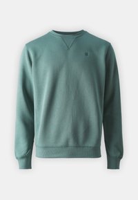 Sweat-shirt à col rond à manches longues en vert doux avec poignets et ourlet côtelés, arborant un petit logo sur le côté gauche de la poitrine.