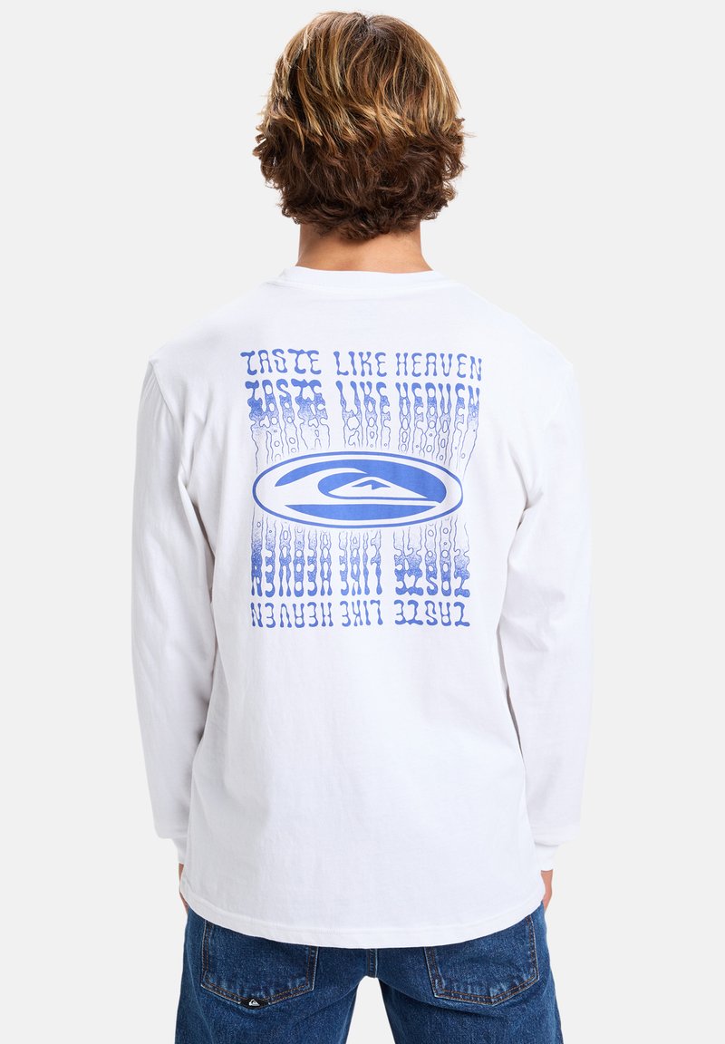 Long-sleeve white T-shirt made of cotton, featuring blue graphic text and logo on the back, casual fit with a round neckline.