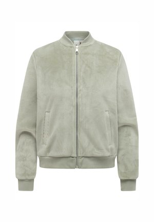 Jasnozielona kurtka bomberka z sztruksu z przednim zamkiem błyskawicznym, prążkowanym kołnierzem, mankietami, dolnym wykończeniem oraz dwoma bocznymi kieszeniami.