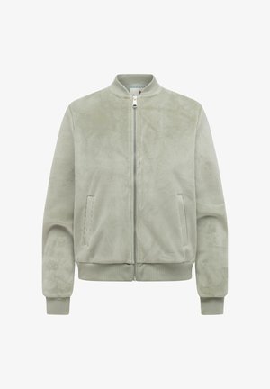 Lichtgroene corduroy bomberjas met ritssluiting aan de voorkant, geribde kraag, manchetten, zoom en twee zijzakken.