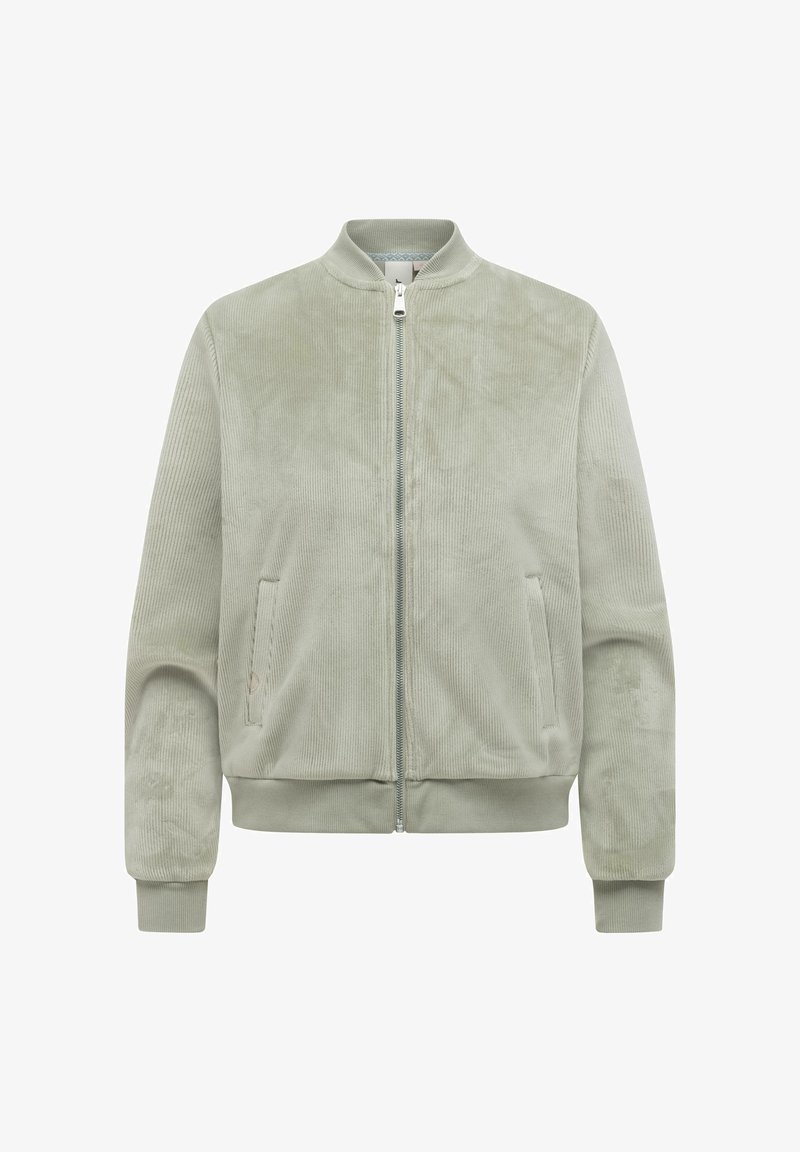 Lichtgroene corduroy bomberjas met ritssluiting aan de voorkant, geribde kraag, manchetten, zoom en twee zijzakken.