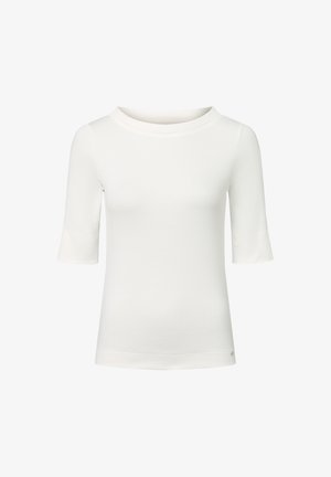White short-sleeve top made of smooth fabric. Features a rounded neckline, slim fit, and a subtle logo at the hem.