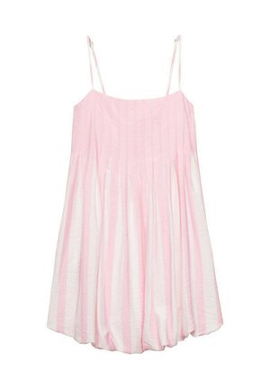 Vestido sin mangas a rayas rosas y blancas con textura fruncida, tejido ligero y tirantes ajustables. Diseño con parte inferior acampanada.