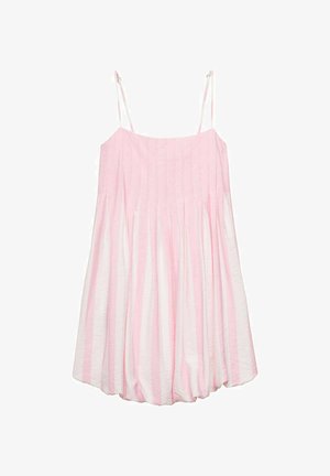 Pink and white striped sleeveless dress with a gathered texture, lightweight fabric, and adjustable straps. Flared bottom design.