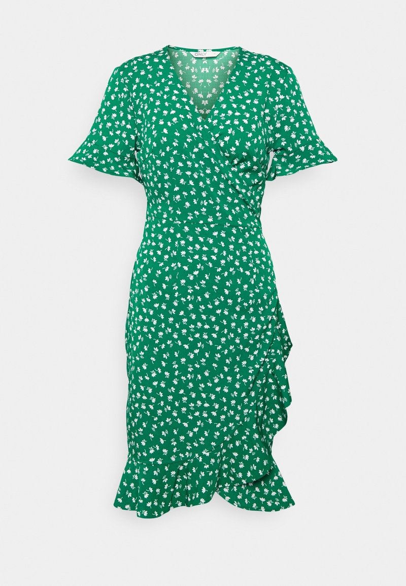 Robe portefeuille verte à imprimé floral blanc, manches courtes, encolure en V, taille cintrée et ourlet à volants.