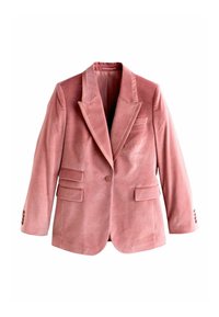 Pink velvet blazer with a notch lapel, single-button closure, two front pockets, and buttoned cuffs on long sleeves. Smooth texture.