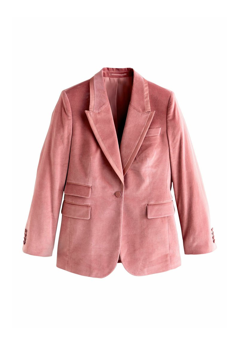 Pink velvet blazer with a notch lapel, single-button closure, two front pockets, and buttoned cuffs on long sleeves. Smooth texture.