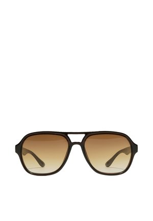 Occhiali da sole aviator marroni con montatura nera e lenti sfumate marroni, mostrati frontalmente su sfondo bianco.