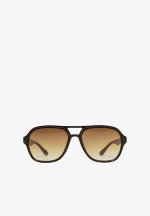 Occhiali da sole aviator marroni con montatura nera e lenti sfumate marroni, mostrati frontalmente su sfondo bianco.