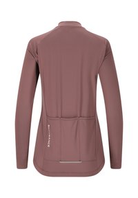Mauve lange mouwen activewear top, met een ronde kraag, drie achterzakken en reflecterende details op de rug. Soepele textuur.