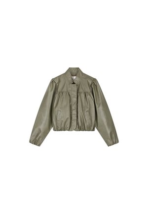 Olive green faux leather cropped jacket with long puffed sleeves, front snap closure, and gathered elastic hem.