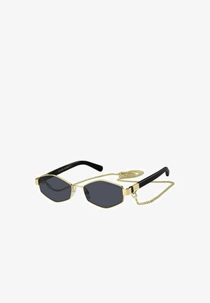 Octagonal sunglasses with dark lenses, gold metal accents, and black plastic arms; includes a detachable gold chain.