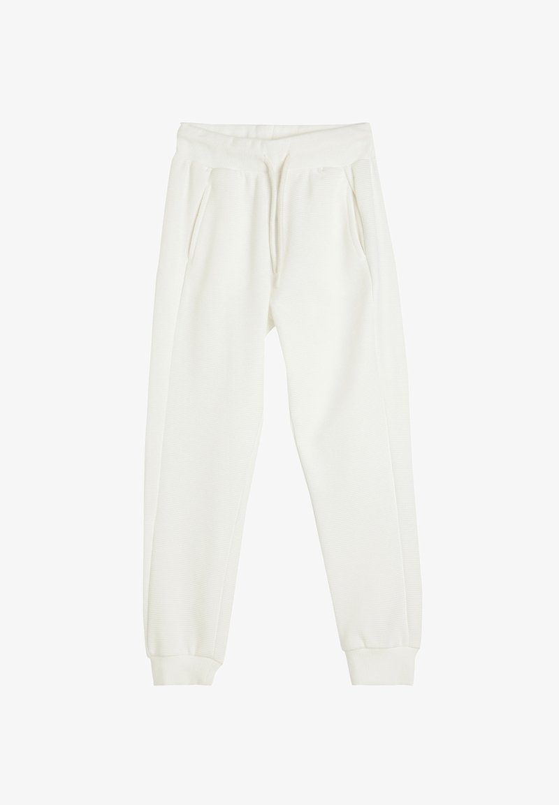 Hvide joggers lavet af blødt stof, med elastisk talje, to sidelommer og tætsiddende manchetter ved anklerne.