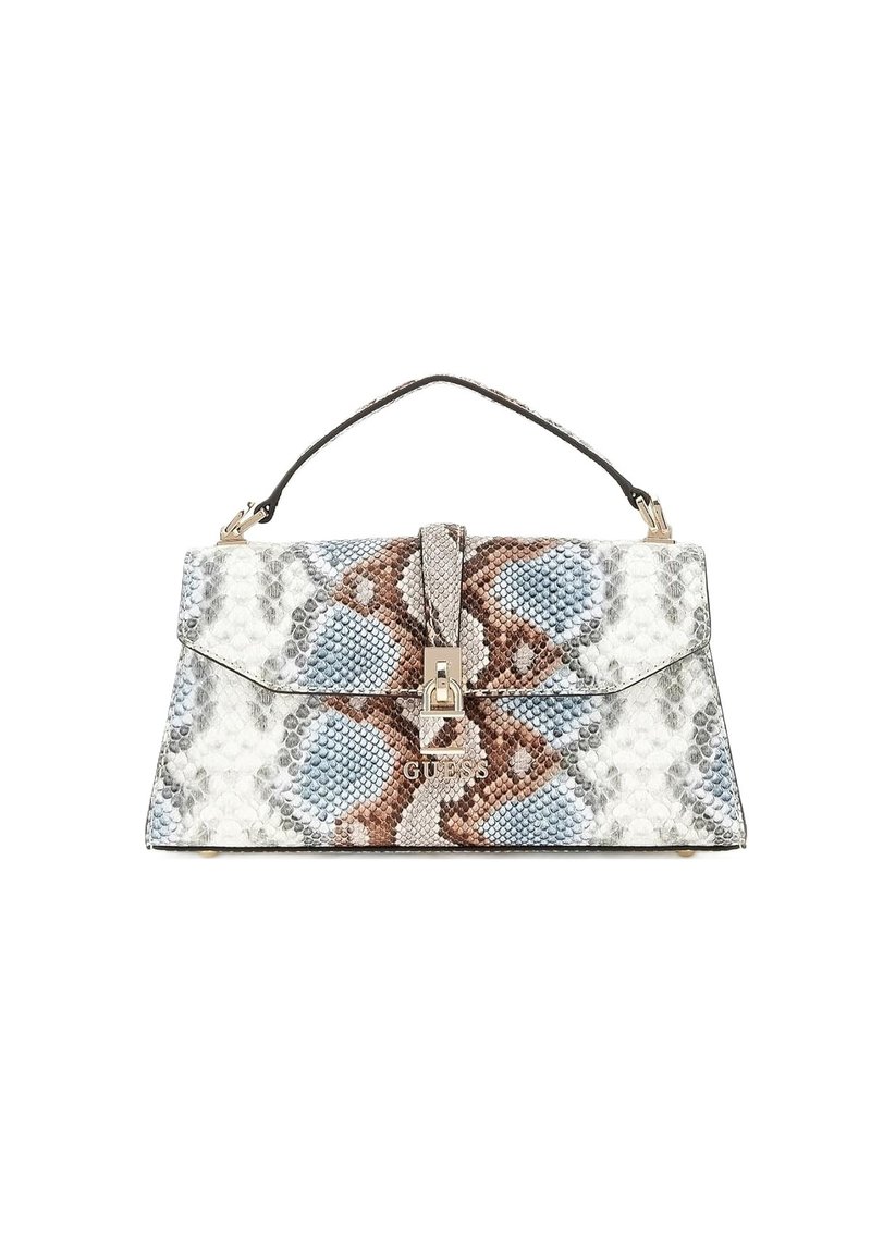 Borsa in pelle di serpente con motivi blu, bianchi e marroni, chiusura a pattina con hardware argentato e un manico corto nero.