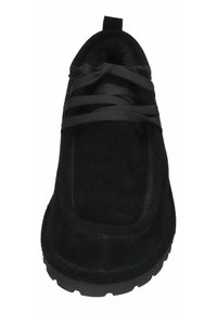 Schwarze Wildlederschuhe mit abgerundeter Zehe, schwarzen Schnürsenkeln und einer strukturierten Gummisohle. Verfügt über eine Zuglasche an der Ferse für ein einfacheres Anziehen.