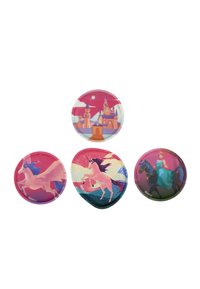 Quatre boutons circulaires présentant des designs colorés : un château, une licorne rose, une licorne scintillante, et un personnage sur un cheval, tous sur des fonds roses.