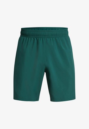 Türkisfarbene Sportshorts mit elastischem Bund, aus leichtem Stoff gefertigt. Sie zeichnen sich durch eine glatte Textur ohne sichtbare Muster oder Verzierungen aus.