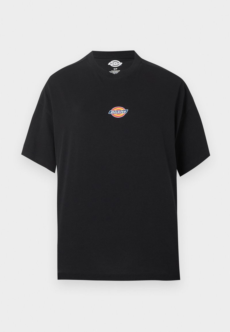 T-shirt nera a maniche corte con un piccolo logo Dickies colorato al centro del petto e scollo rotondo.