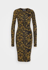 Svart långärmad klänning med en skräddarsydd silhuett, prydd med intrikata gyllene paisley- och blommönster överallt. Elastiskt tyg.