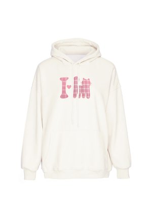Hvid hættetrøje med pink ternet design, der viser sætningen "I love" med et hjerte og en kattefigur på forsiden.