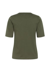 Chemise verte olive unie à manches courtes avec col rond, vue de dos sur fond blanc.