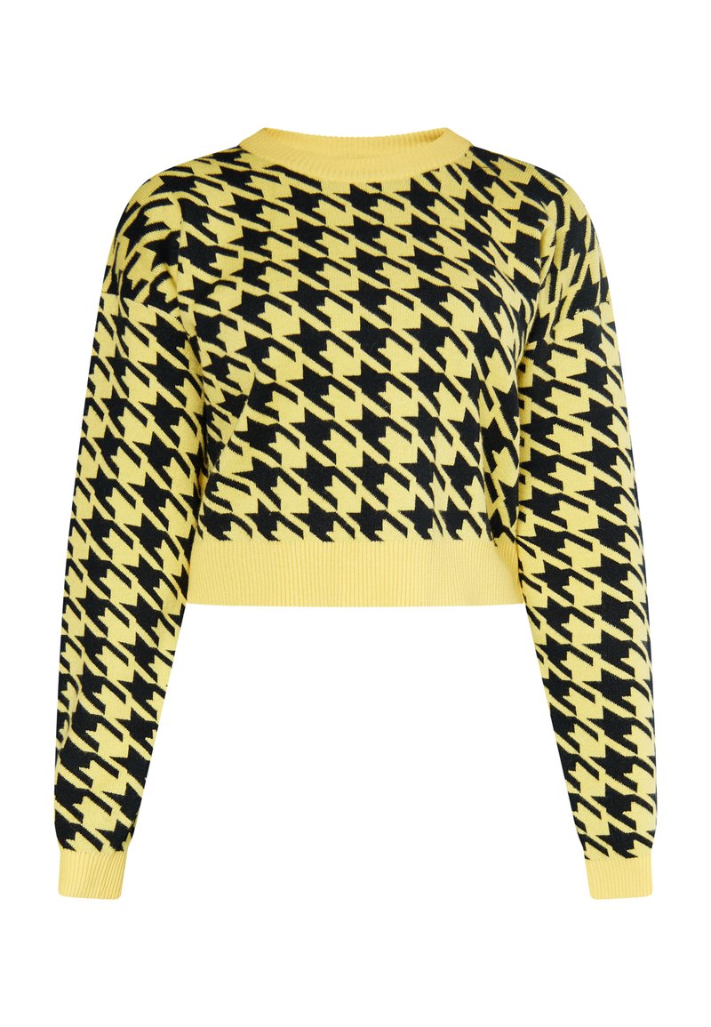 Gelbes und schwarzes kurzes Sweatshirt mit einem Hahnentrittmuster, geripptem Rundhalsausschnitt und langen Ärmeln mit gerippten Bündchen.
