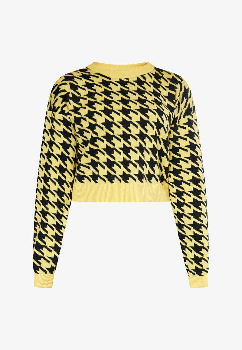 Geel en zwart cropped sweater met een houndstooth patroon, geribbelde ronde hals en lange mouwen met geribbelde manchetten.