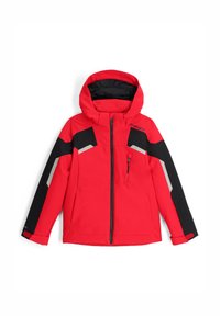 Rote und schwarze Skijacke mit Kapuze, ausgestattet mit einer zipbaren Brusttasche, schrägen Farbkombinationen und reflektierenden Akzenten. Wasserdichtes Material.