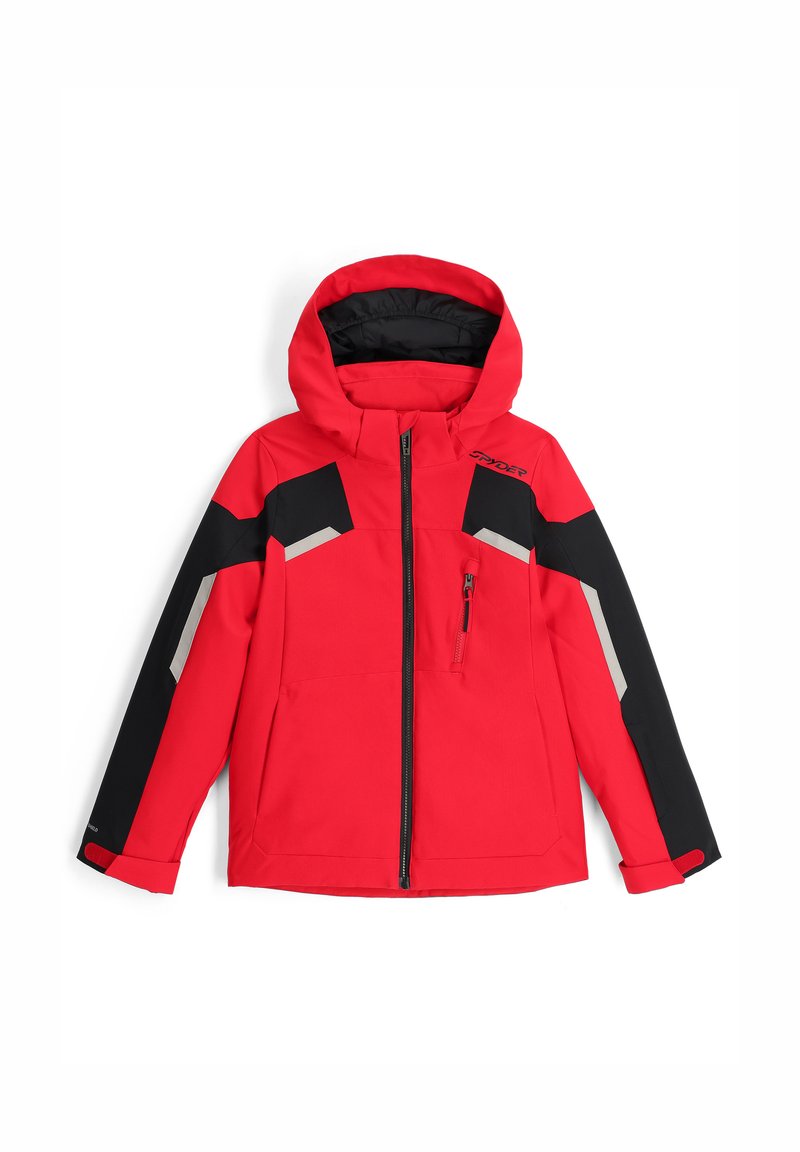 Rote und schwarze Skijacke mit Kapuze, ausgestattet mit einer zipbaren Brusttasche, schrägen Farbkombinationen und reflektierenden Akzenten. Wasserdichtes Material.